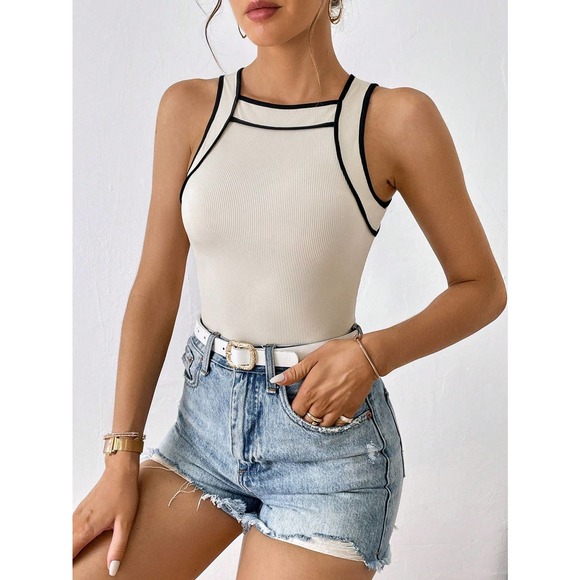 y2k minimalist high neck Contrast Binding Tank Top cream - Picture 1 of 11